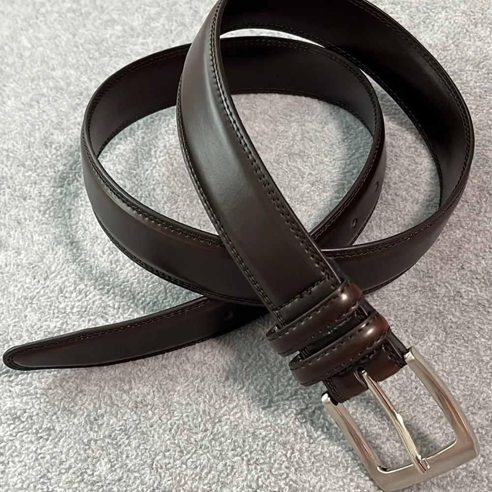 Mens Brown Leather Belt Size 38 Silver Tone Metal Buckle
